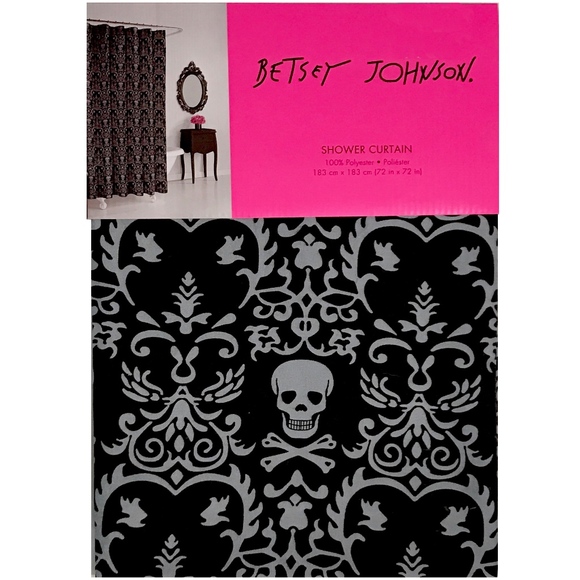 Betsey Johnson Bath Shower Curtain Skull Damask Black Gray